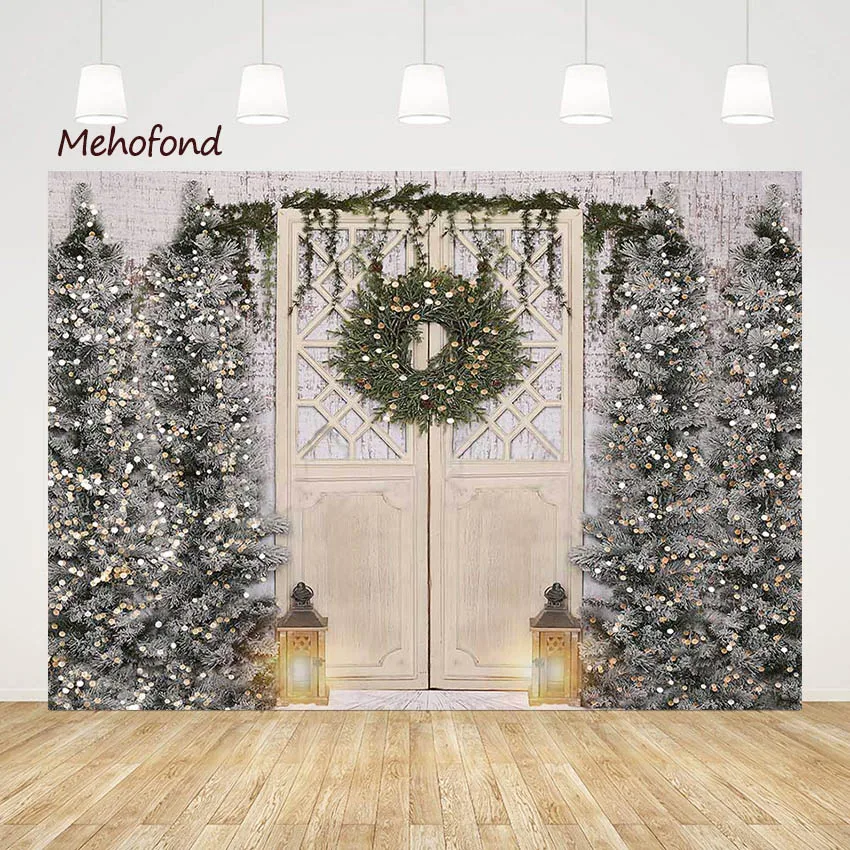 

Фон для фотосъемки с изображением деревянной двери рождественского венка фонаря