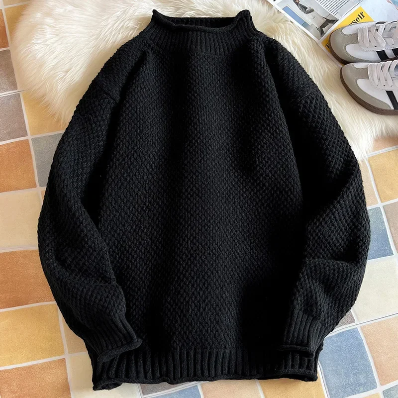 

High Quality Men Semi High Neck Knitted Sweater For Autumn Winter Fashionable Loose Ribbed Trend Comfortable Breathable Pullover