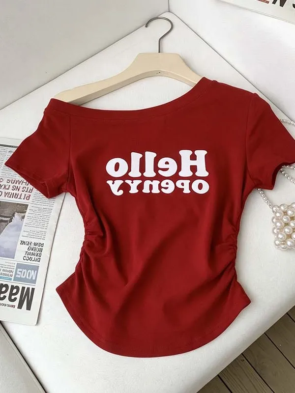 

plus Size Summer T-Shirt Sexy Shoulder Bared Short Sleeve Printed Letter Design Arc Shaped Women's Top Skin Friendly Breathable