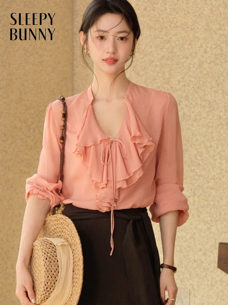 

Women Ruffle Blouse Elegant Tie Neck Shirt Loose Lantern Sleeve Top Lightweight Chiffon Style Slim Look Summer Casual Wear Lady