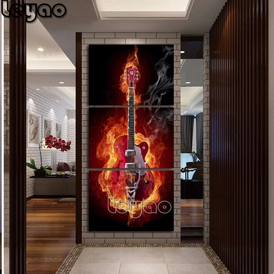 

Flaming Electric Guitar 3 Piece 5d diy diamond Painting Triptych pictures full square/round drill diamond embroidery home decor