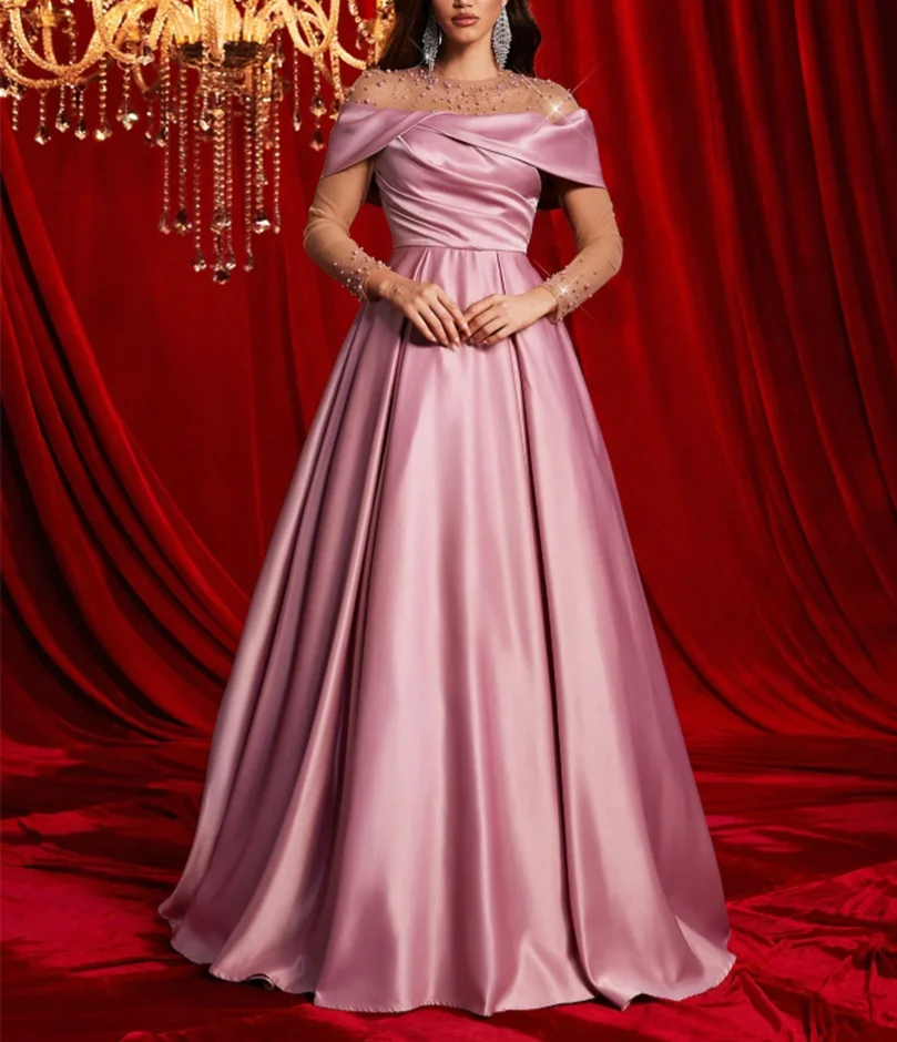 Op maat gemaakte roze satijnen galajurken met lange mouwen en zakken/parels A-lijn O-hals vloerlengte avondjurk voor dames