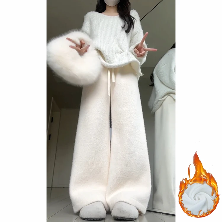 Thiened ニットミンクファー裏地付きカジュアルパンツ女性の秋冬ハイウエストストレートレッグ暖かいレジャーパンツ通勤 Sle