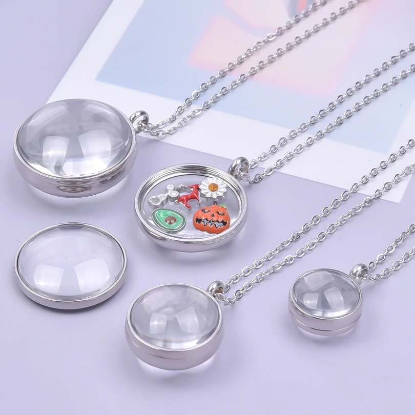 1Pc 17mm /22mm /27mm /30mm Curved Glass Living Locket Pendant Necklaces Stainless Steel Diy Floating Relicario Collares Jewerlry