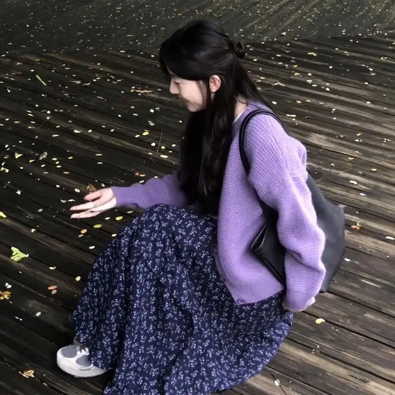 

autumn spring outfit a complete set Gentle Wind Purple Women's knit cardigan coat high waist floral upper body long skirt
