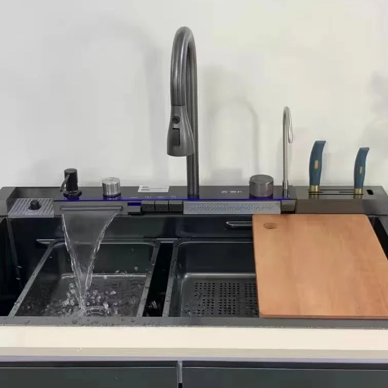 

MYN Tiktok Trend водопадный латунный смеситель из нержавеющей стали 304, большая бионическая сотовая черная кухонная раковина с держателем для ножей