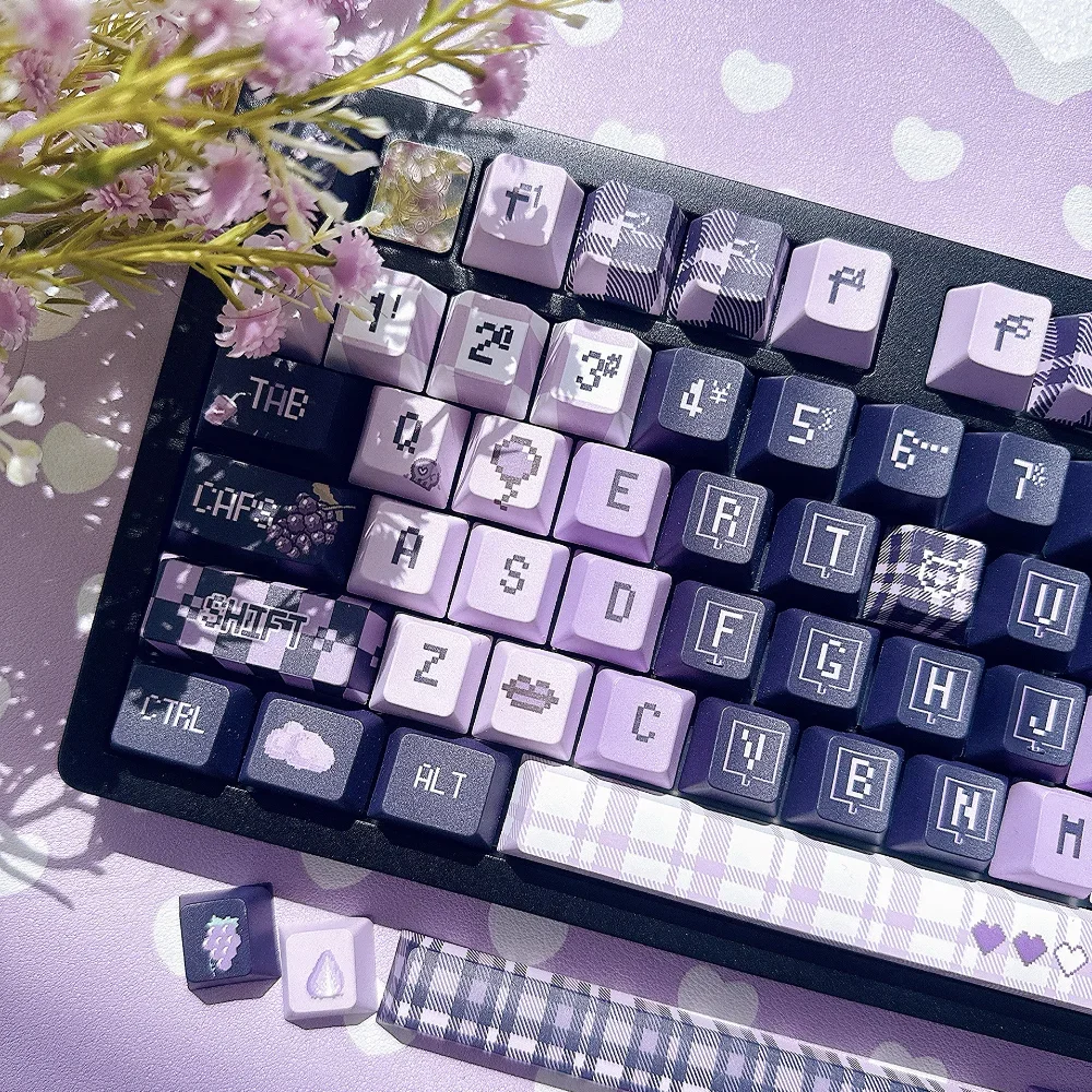 Eat A Grape Theme Keycap PBT Thermal Sublimation Cute Black Purple Pixel Style Keycaps for Mechanical Keyboard Cherry Profile