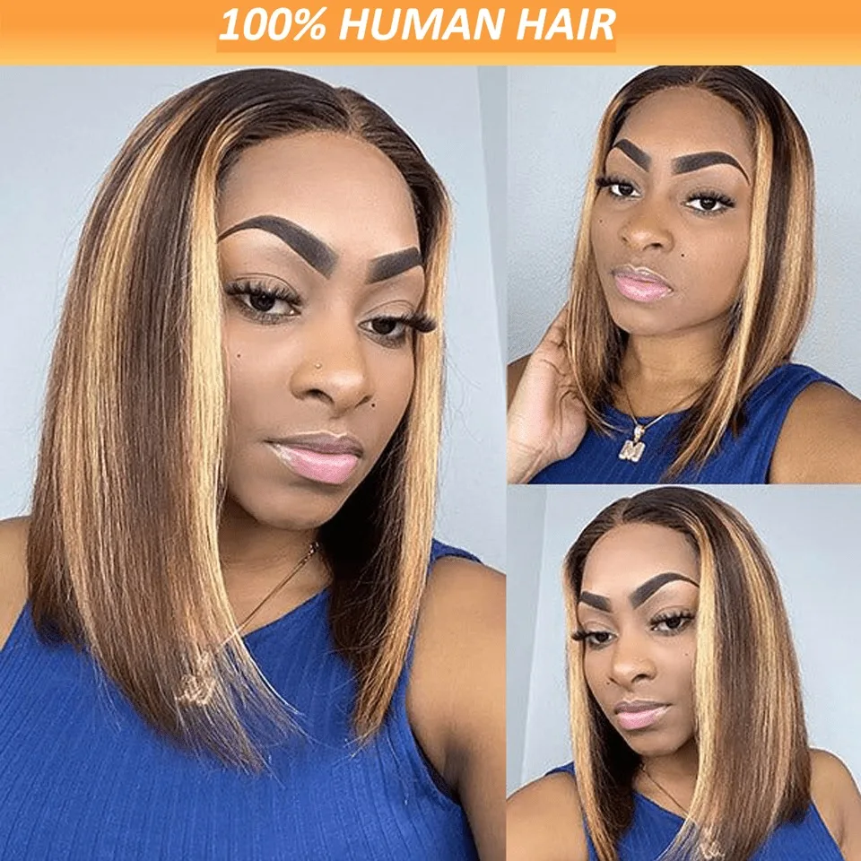 Perruque Bob Lace Front Wig 100% naturelle Remy, cheveux lisses à reflets, 4/ 27 ombrés, avec raie centrale, pre-plucked, transparente