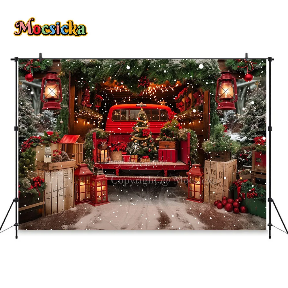 Mocsicka Red Christmas Truck Photography Background Xmas Tree Lanterns Snowflake Backdrop Winter Kids Outdoor Photo Studio Booth