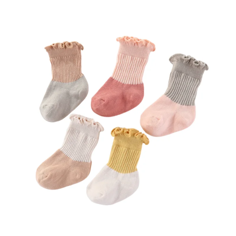 Unisex Non-Slip Socks 5 Pairs 100% Cotton Elasticity 0-5T Solid Color Newborn Baby Girl Boy Socks Sets Infant Accessories