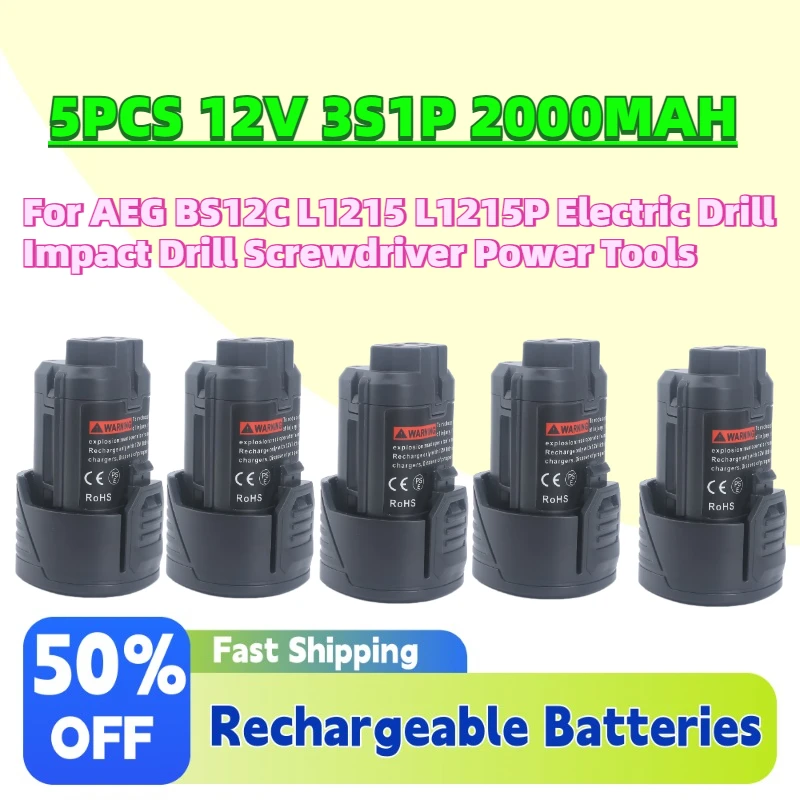 5PCS 12V 3S1P 2000MAH Li-ion Replacement Battery for AEG BS12C L1215 L1215P Electric Drill Impact Drill Screwdriver Power Tools