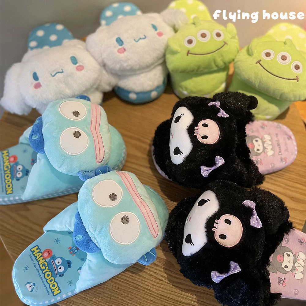 Japanese Style Warm Slippers Indoor Plush Shoes for Winter Non-slip Flat My Melody Kuromi Cinnamoroll Hangyodon Girl Ladies