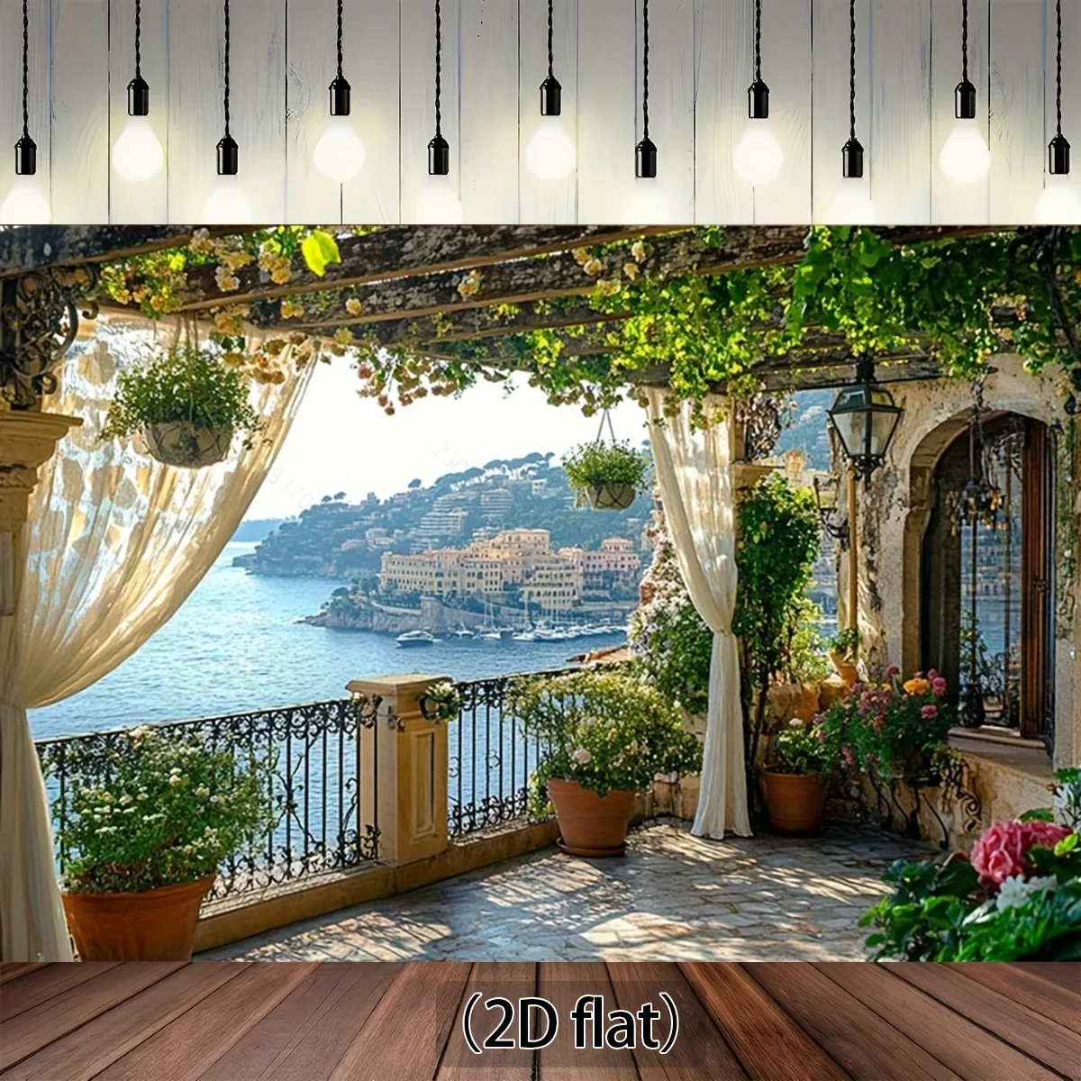 Mediterranean Sea View Tapestry, Floral Pergola and Rustic Balcony Scene,  for Vacation Themed Decor and Event Backdrop