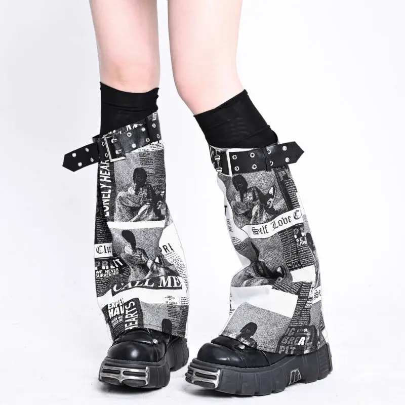 

Japanese Punk Y2k Vintage Print Sock Fashion Buckle Belt Women Leg Warmers Harajuku Long Boots Calentadores De La Pierna