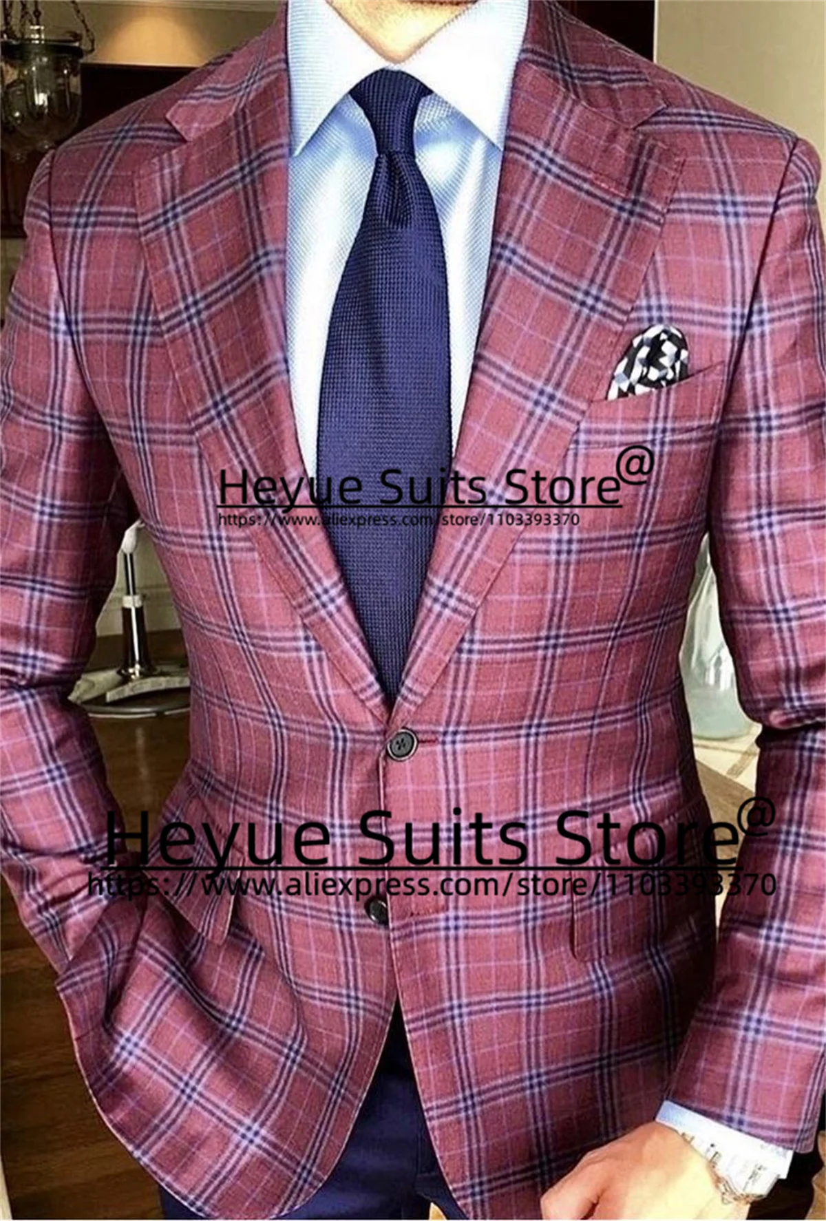 Traje de negocios a cuadros para hombre, Blazer ajustado con solapa y muescas, color rojo vino, 2 piezas