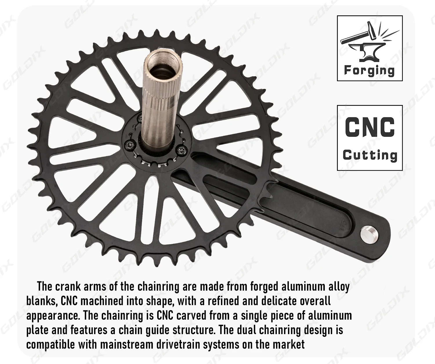 GOLDIX Rennrad-Kurbelgarnitur, 165/170/172,5/175 mm Länge, aus Aluminiumlegierung, geschmiedet, für Fahrräder mit Einzelgang, mit schmalem und breitem Kettenblatt. – Detail 6