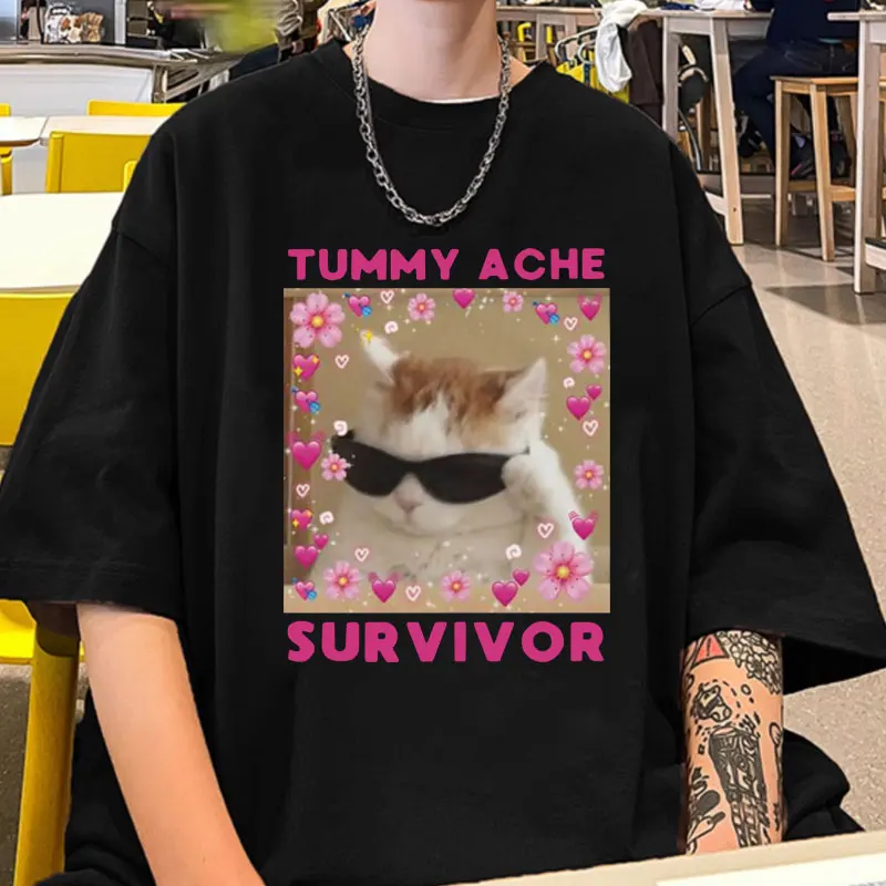 

Tummy Ache Survivor Funny Cat Meme T-Shirt Men's Women's Clothing Summer Fashion Comfort Cotton T Shirt Retro Harajuku Tshirts