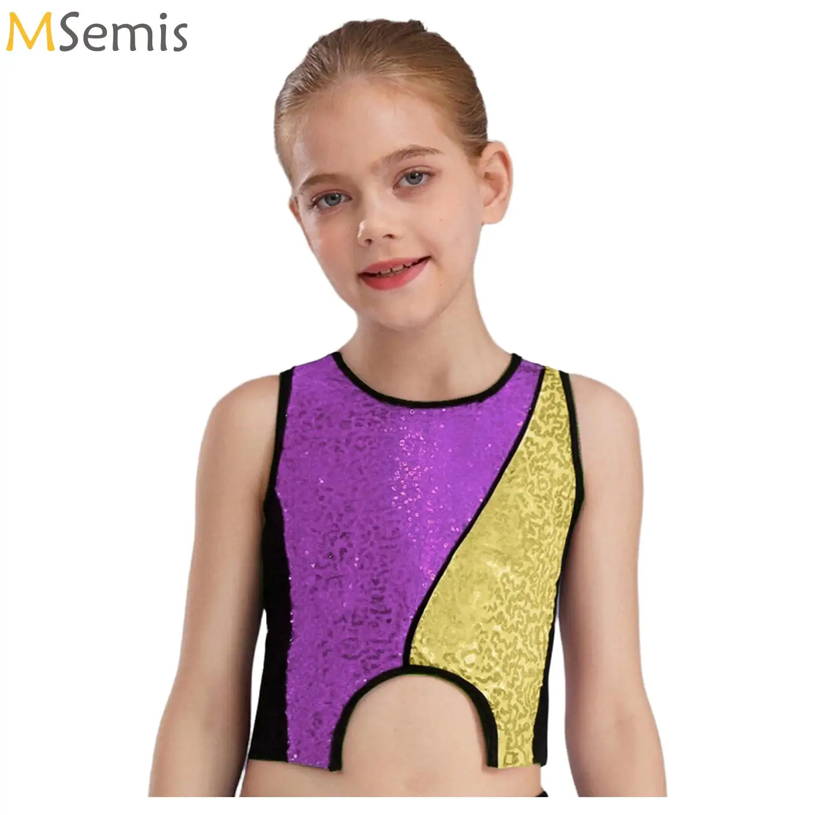 

Children Girls Sequins Sleeveless Jazz Hip Hop Street Dance Crop Tank Top Camisole Costume for Ballet Modern Dance Performance