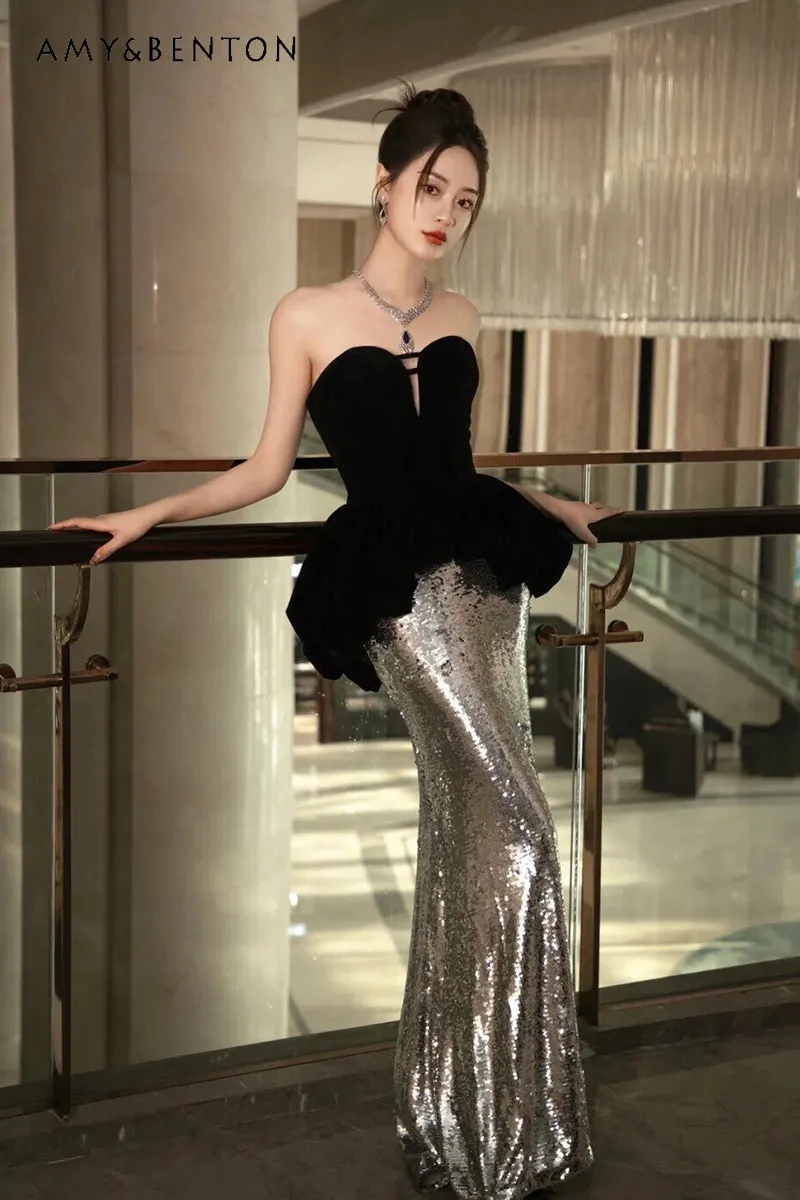 

French Style High-End Strapless Black Slim Evening Dress Banquet Host Annual Meeting Toast Dress Silver Mermaid Dress
