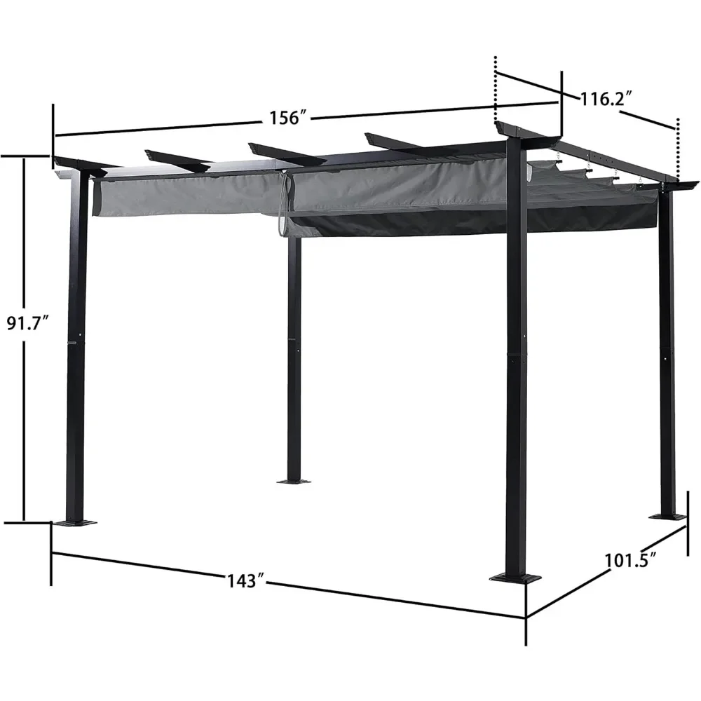 Pergola rétractable de 10x13 pouces avec pare-soleil, abri métallique pour jardin, véranda, plage, pavillon, gril, gazébo, cour moderne