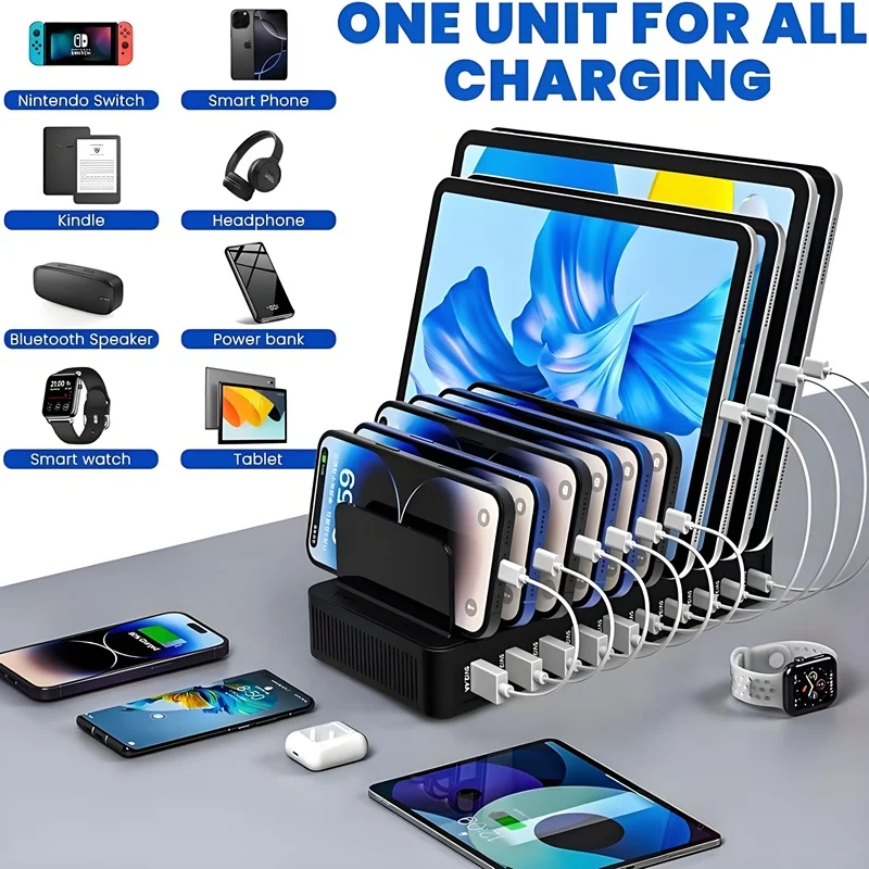 شاحن متعدد المنافذ 100 وات: تصميم حامل 5 منافذ USB و5 منافذ من النوع C يدعم 10 أجهزة في وقت واحد، متوافق مع الهواتف والكمبيوتر اللوحي