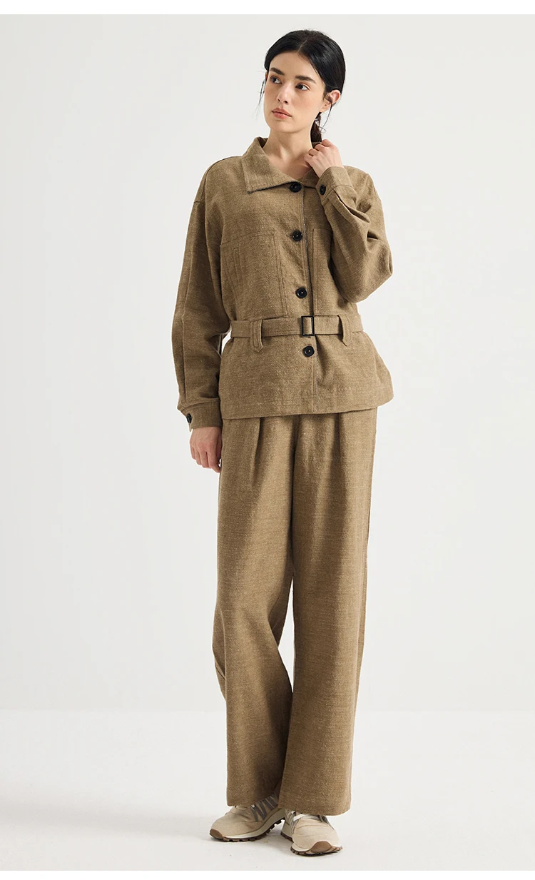 KT9623941 Damen Leinen-Woll-Mischgewebe Gürtel-Crop-Jacke, Oversized, Revers, aufgesetzte Taschen, Taillengürtel, Old Money, Frühherbst – Detail 8
