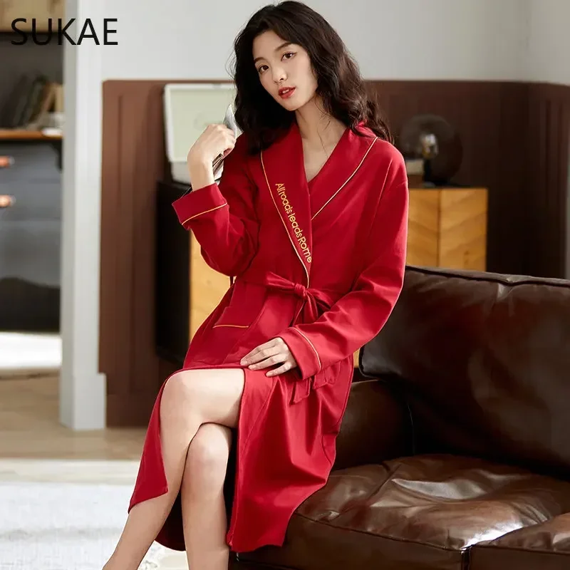 SUKAE M-4XL Women Bathrobe Autumn Spring Cotton Sleepwear Shawl Collar Lady Robe Nightwear Kimono Luxury Cardgian Robes for Girl