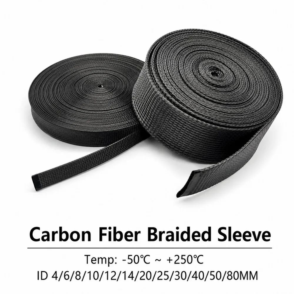 Carbon Fiber Braided Sleeving ID 4-80mm Black Shielding Cable Sleeve High Temp&Wear-Resistant Braided Cable Protection Tube