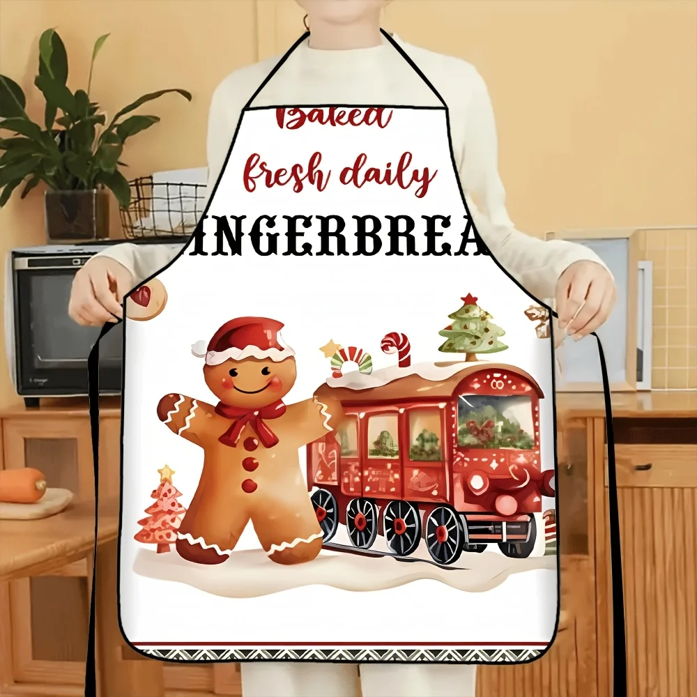 1pc, Gingerbread Train Theme, Polyester Material Exquisite Apron, Suitable For Kitchen, Cooking, Labor, Daily Use, Multi-Purpose