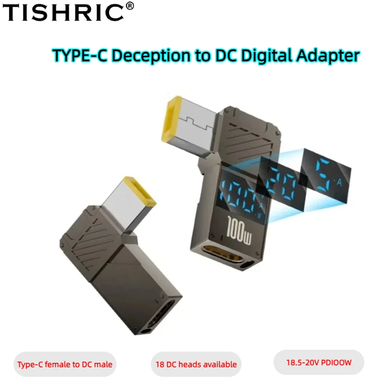 

TISHRIC PD100W USB-C Type Quick Charge Adapter Female C to DC Digital Display Male Converter Laptop Power Adapter for HP/DELL