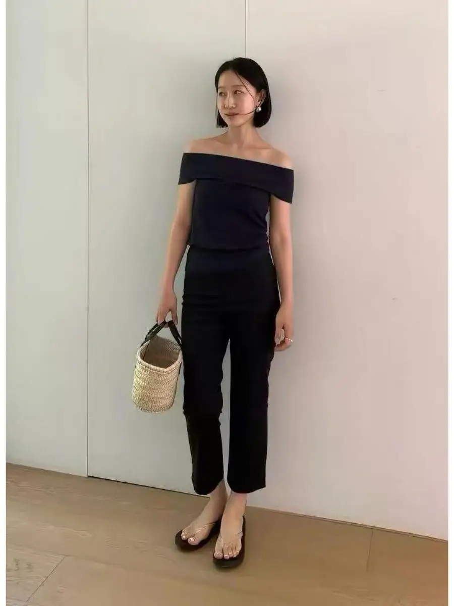 

Mono Straight Leg Nine Inch Suit Pants Women High Waist Slimming Drapey Commute Smoke Tube Pants Casual Style