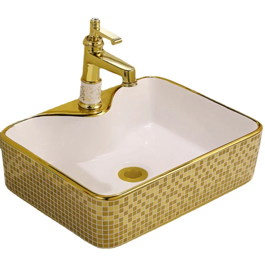 

Luxury Sanitary Ware Table Top White Gold Washbasin Art Bathroom Sink Ceramic Golden Wash Basin