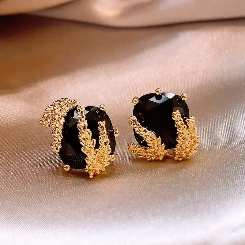 French new design fashion jewelry  gold plated block black crystal wheat ear earrings elegant women's daily work accessories