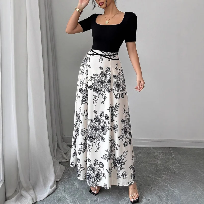 2025 Women's Casual Elegant Floral Print Short-Sleeve Long Fashion Dress C001