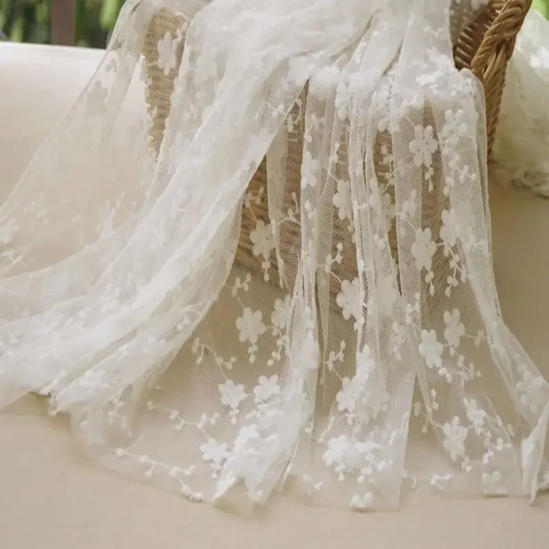 

3D flower Cotton Embroidered Lace Fabric Floral ivory soft Tulle Fabric For Girl Dress Tutu Dress Wedding Dress Bridal Veil
