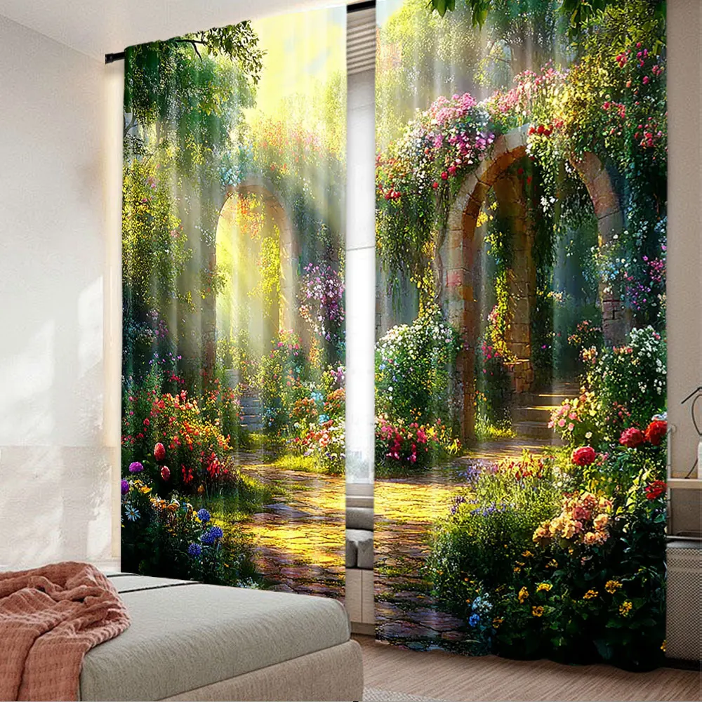 2Pcs Fairy Tale Garden Curtains Forest Flower Arches Colorful Greenery Wonderland Curtains Suitable For Living Room Apartment A