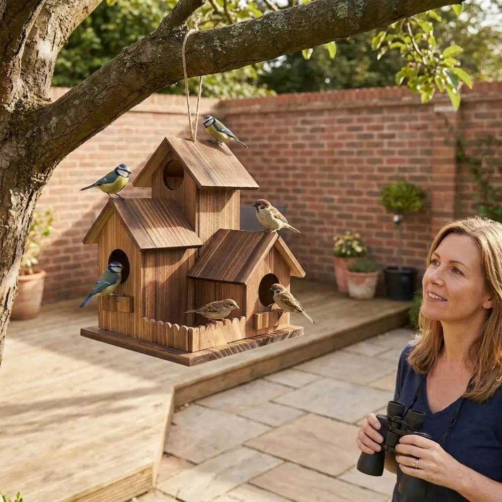 3 Chambers Wooden Bird House Incubation Box Thickened Bird Breeding Box Weather Resistant Handmade Bird Villa Nest Yard