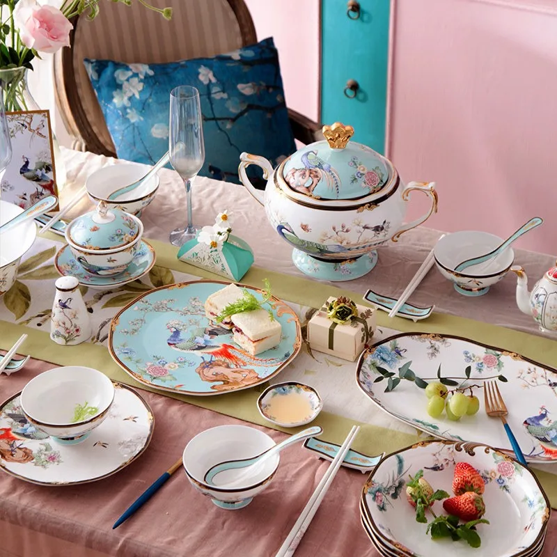 Chinese Classical Ceramic Plate Golden Stroke Countryside Flowers Bird Dinner Plates Fruit Salad Bowl Home Afternoon Tablewar