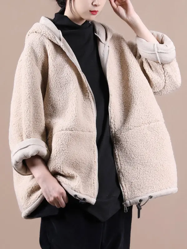 

Ladies' Loose Fit Lamb Fur Jaet with Hood Autumn Winter Faion Casual Sle Zipper Closure Long Sve Coat for Women