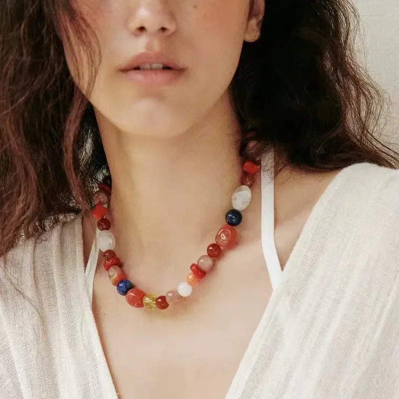 Sunset glow agate beaded necklace temperament light luxury versatile high-end sweater chain niche crystal necklace women