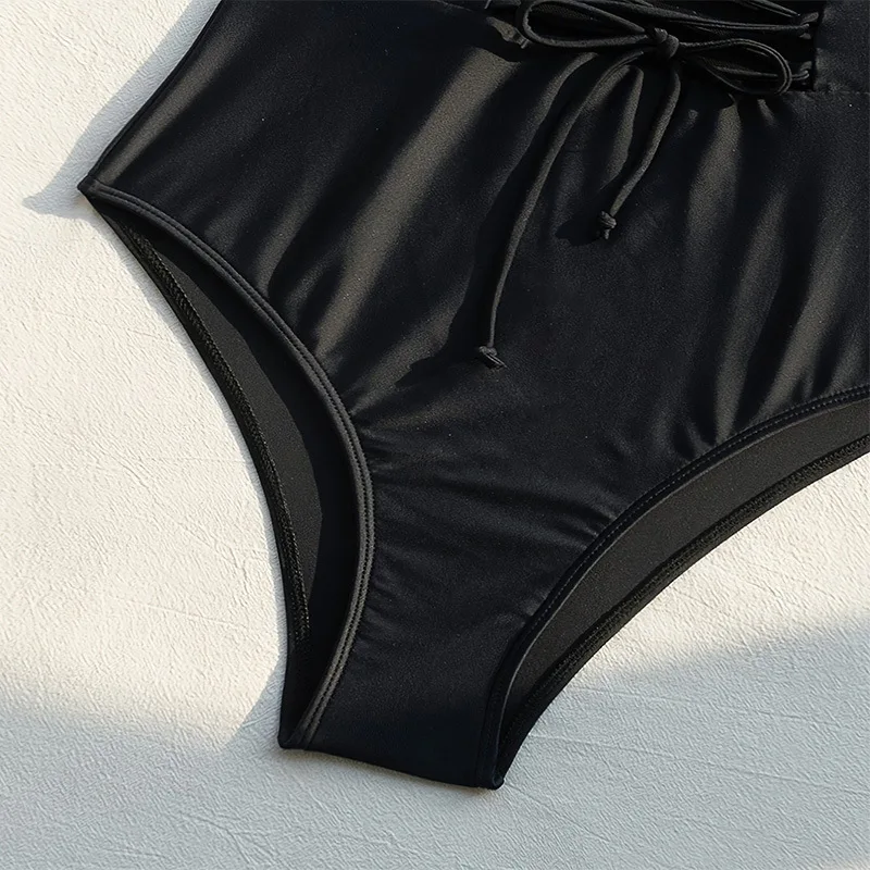 セクシーな黒のプッシュアップ包帯水着ワンピースドローストリングタイビキニ水着ボディスーツ女性ビキニ水着タンキニ