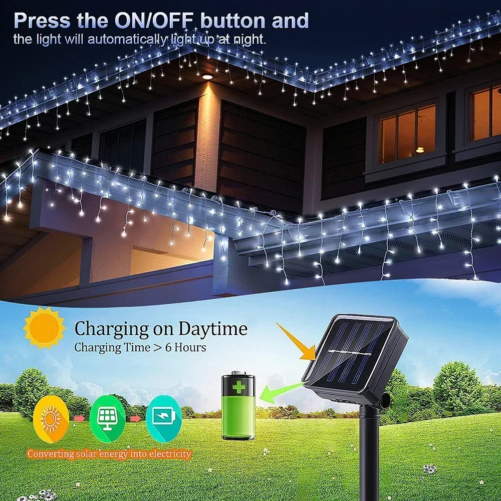 Solarbetriebene Lichterkette für den Außenbereich, Weihnachts-Eiszapfen-Lichter, 8 Leuchtmodi für Weihnachten, Halloween, Hochzeit, Garten, Hof, Dekorationsbeleuchtung – Detail 2