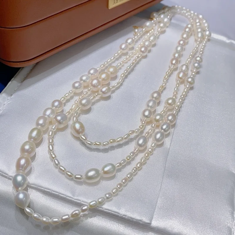 

SGARIT Real 14K Gold Filled Rice Pearl Necklace Natural Freshwater Pearls Long Chian Stackable for Women Jewelry SN30