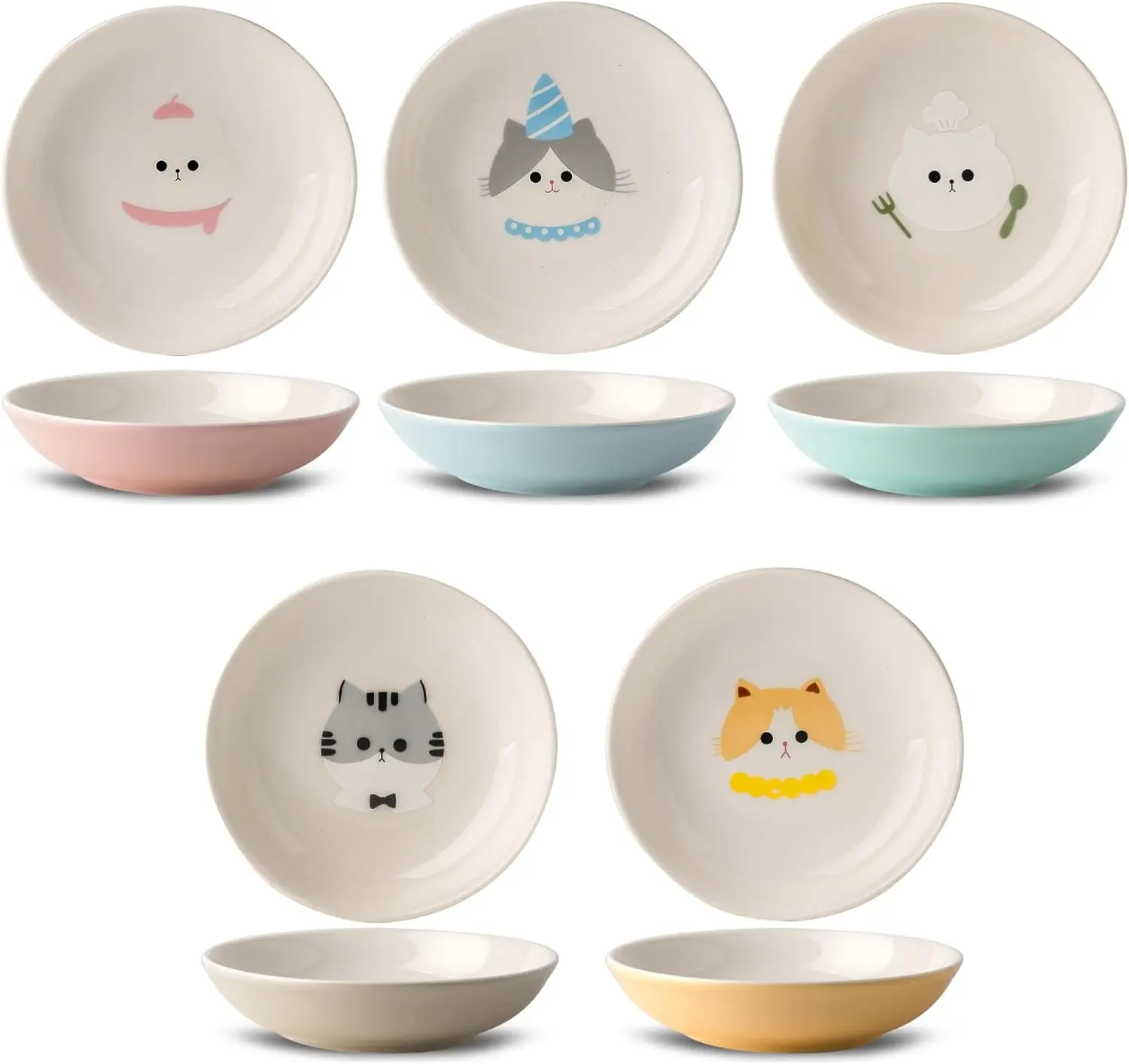 

5.7" Wide Cat Bowls Set - Whisker Friendly, 5 Colorful Ceramic Dishes for Food & Water