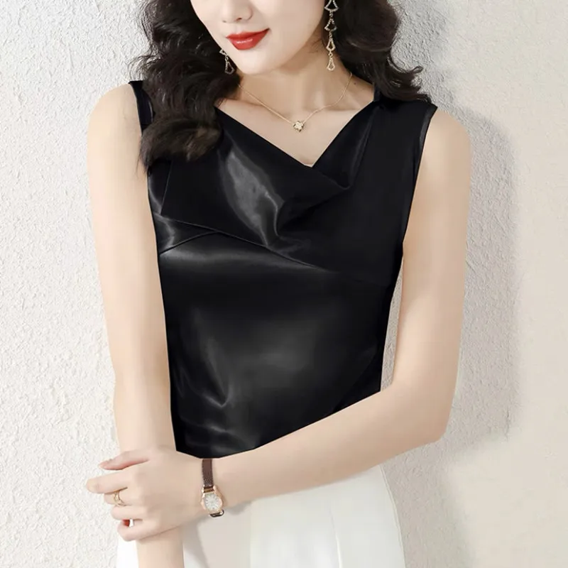 Blusa Elegante de Satén para Mujer, Estilo OL, Camisa de Seda, Cuello Oscilante de Lujo, Top Básico de Chifón, Camisetas de Moda Tallas Grandes