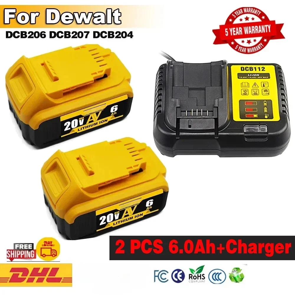 Latest DCB200 20V 6000mAh Battery and charger For Dewalt 18V DCB184 DCB200 DCB182 DCB180 DCB181 DCB182 DCB201 Tools Battery