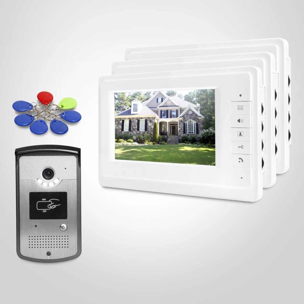 7inch Video Door Entry Call System with Keyfobs Unlocking Camera 3pcs Indoor Monitors for House/ Flat