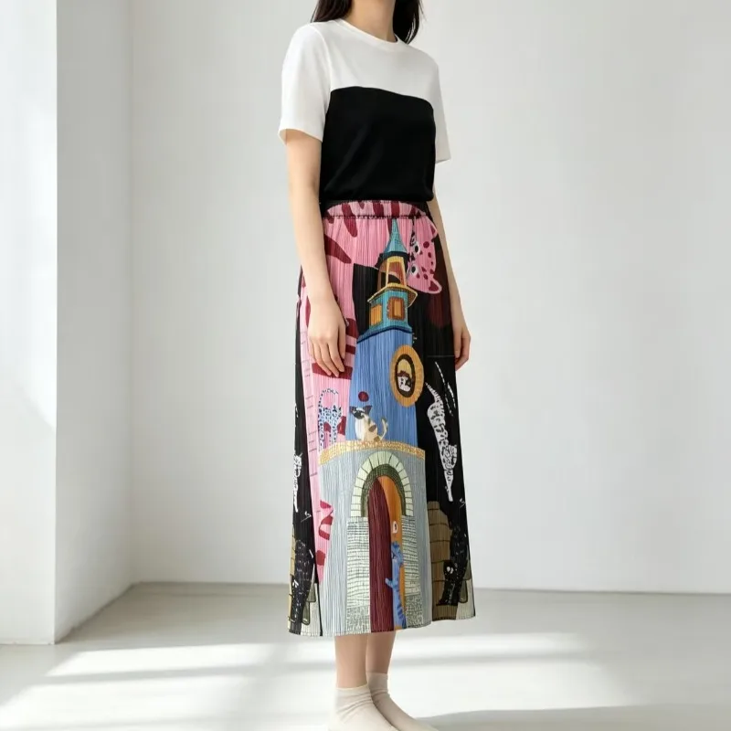 Miyake Pleated Printed Skirt 2026 Summer New Straight Slim Casual Loose Plus Size Elegant Versatile Half Skirt Women Clothing