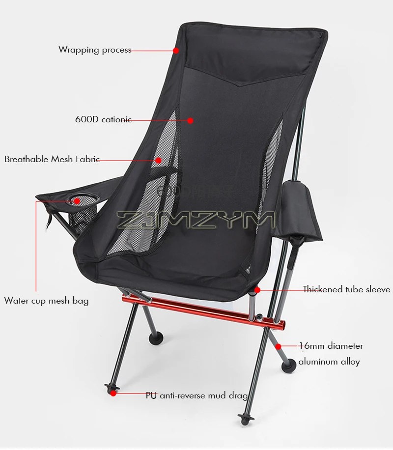 High Back Camping Chair, Portable Folding Chair with Cup Holder, Arm Rest, & Carry Bag; Supports up to 150kg, Black/Gray/Beige