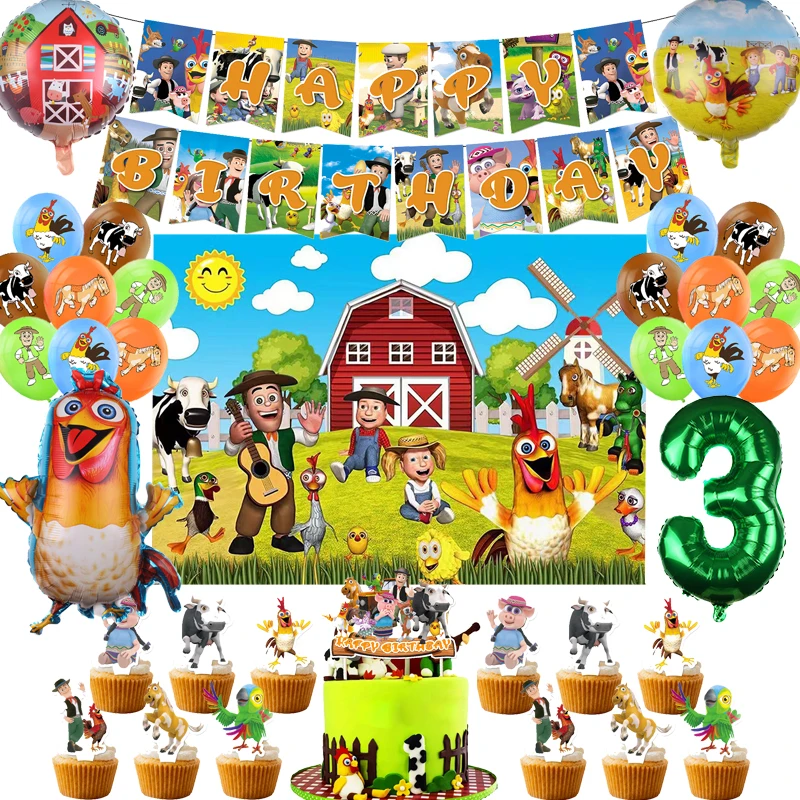 La Granja Zenon Farm Ranch Theme Birthday Party Decoration Chicken foil Balloon Backdrop Banner Cake Topper Baby Shower